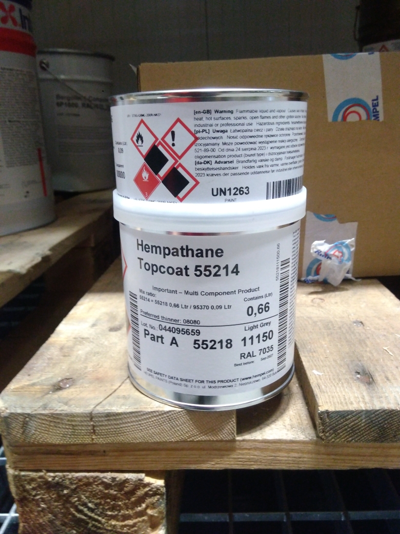 Hempathane Topcoat 55214 (Base 55218 + Curing Agent 95370), Hempel 11150 = RAL 7035, 0,75 Ltr.