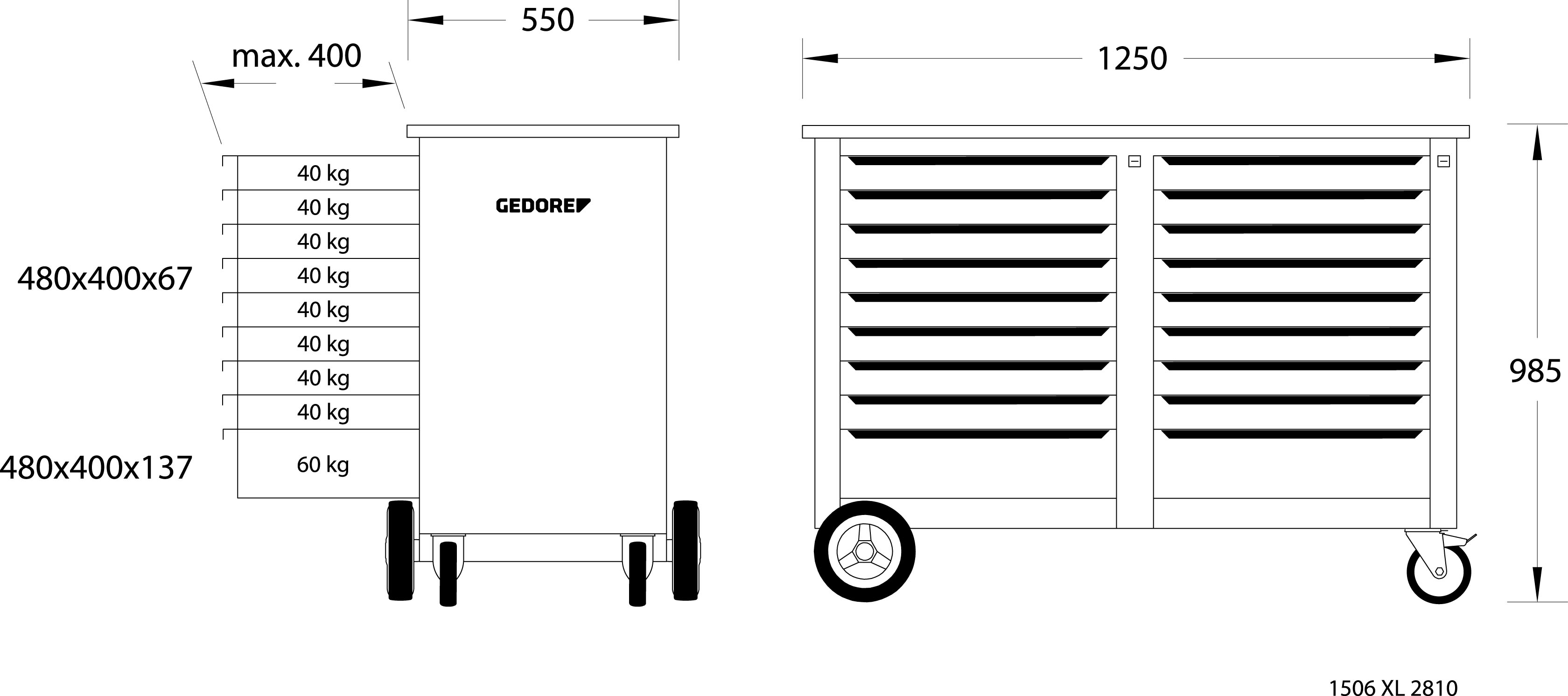 Mobile workbench 1.25 m wide with 2x 9 drawers Mobile workbench 1.25 m wide with 2x 9 drawers