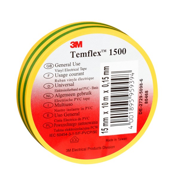 3M™ Temflex™ 1500 Vinyl Elektro-Isolierband, Gelb-Grün, 19 mm x 20 m, 0,15 mm