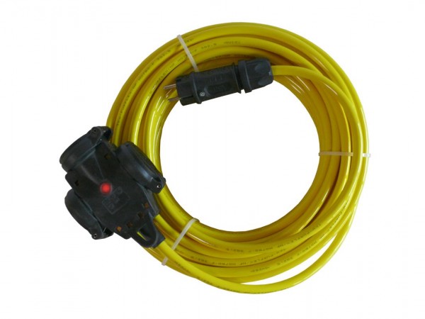 20m extension with 3-way coupling &amp; voltage indicator - TKW PURFLEX®/HF VDE 3G2,5mm², Colour: yellow
