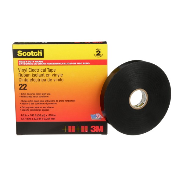 3M™ Scotch® 22 Heavy Duty Vinyl Electrical Tape, Black, 12.7 mm x 32.9 m (0.5 in x 108 ft)
