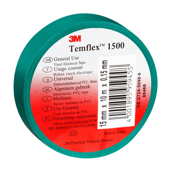 3M™ Temflex™ 1500 Vinyl Elektro-Isolierband, Grün, 15 mm x 25 m, 0,15 mm