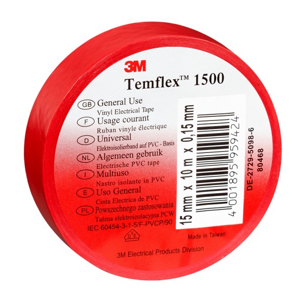 3M™ Temflex™ 1500 Vinyl Electrical Tape, Red, 19 mm x 25 m (0.75 in x 82 ft)