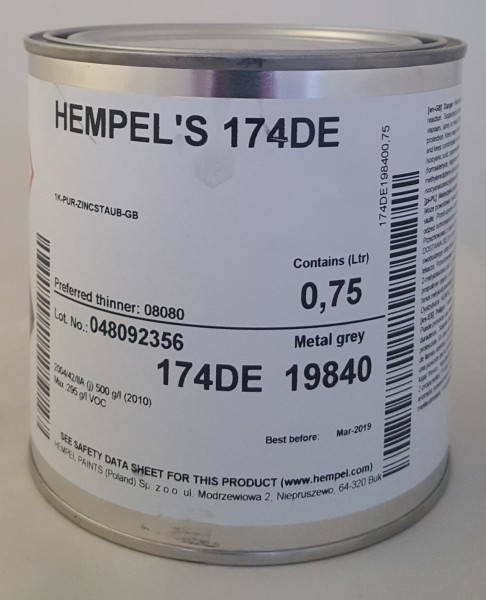 Hempel&#039;s 174DE / 1K-PUR-Zinkstaub-GB, Hempel 19840 = Metallgrau, 0,75 Ltr.